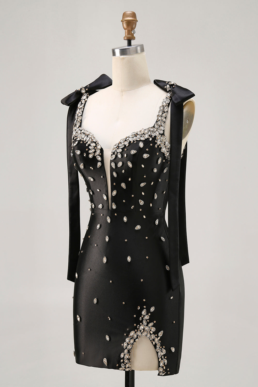 Sparkly Black Tight Rhinestones Short Ball Dress with Slit