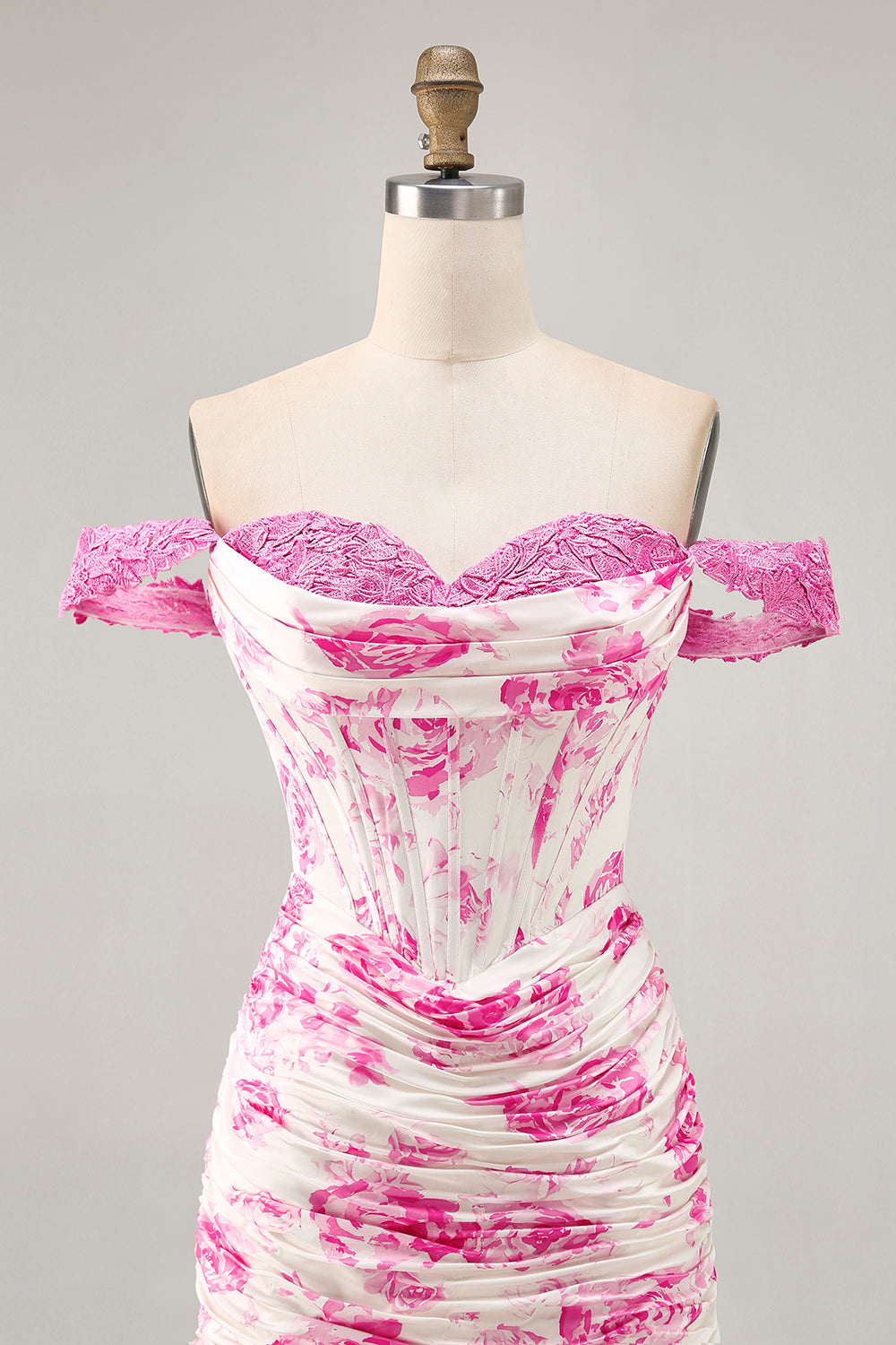 White Blue Flower Off the Shoulder Corset Satin Short Ball Dress with Ruffles