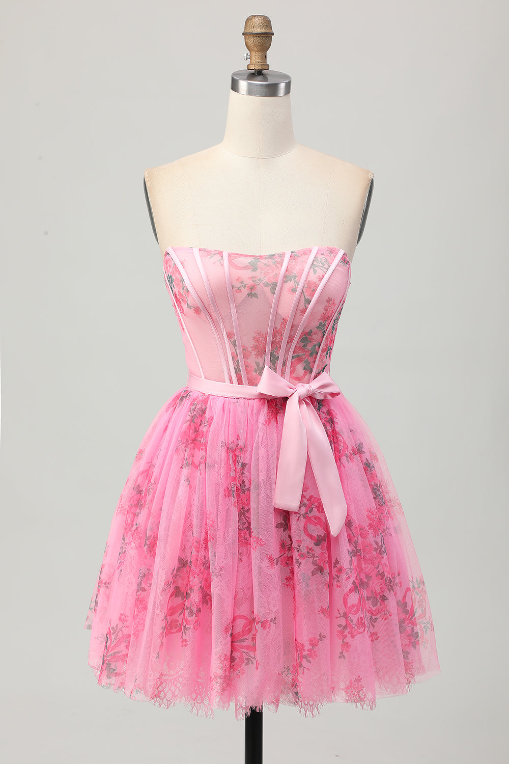 Pink Flower Strapless Corset Short Homecoming Dress with Bow