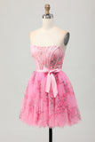 Pink Flower Strapless Corset Short Homecoming Dress with Bow