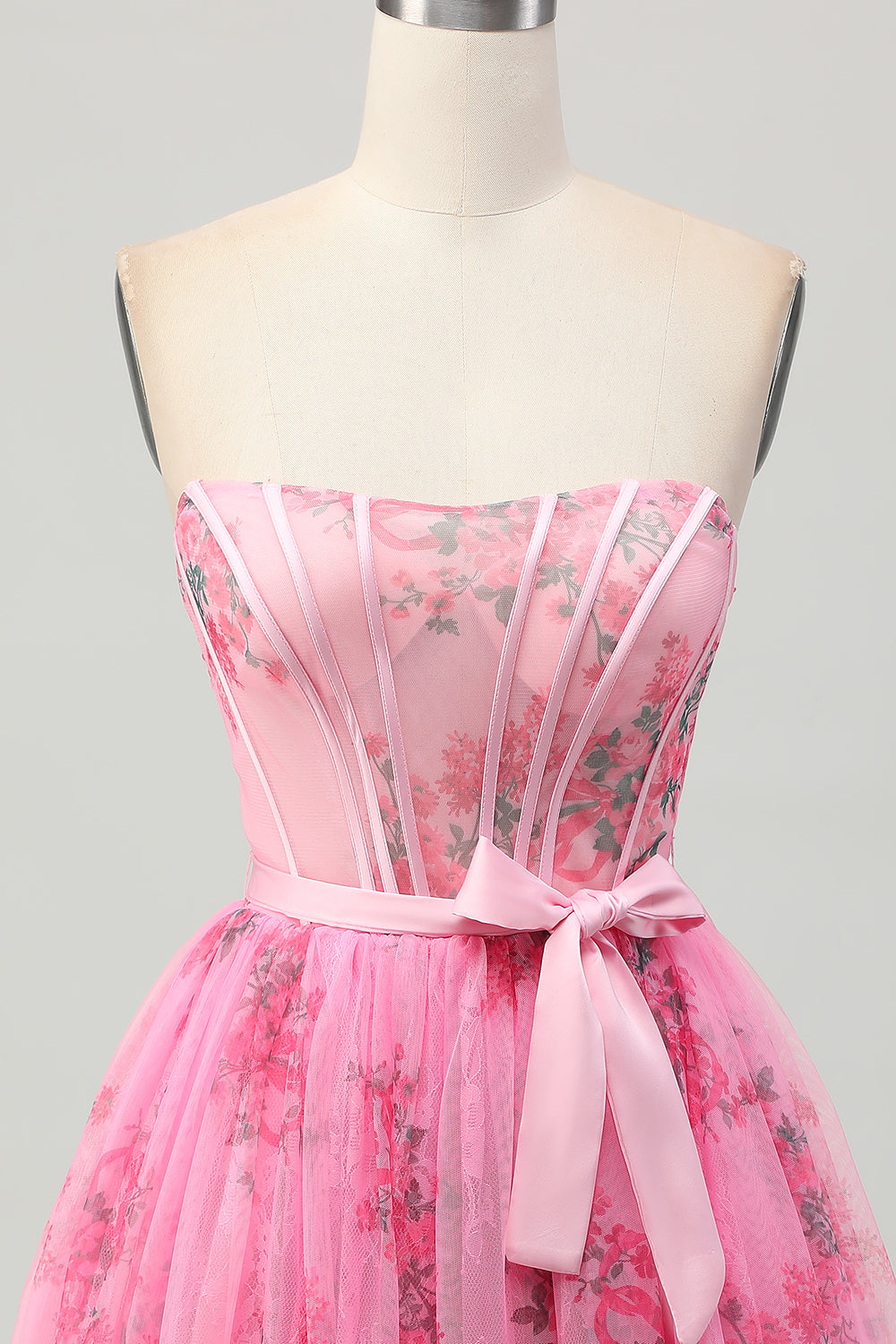 Pink Flower Strapless Corset Short Homecoming Dress with Bow