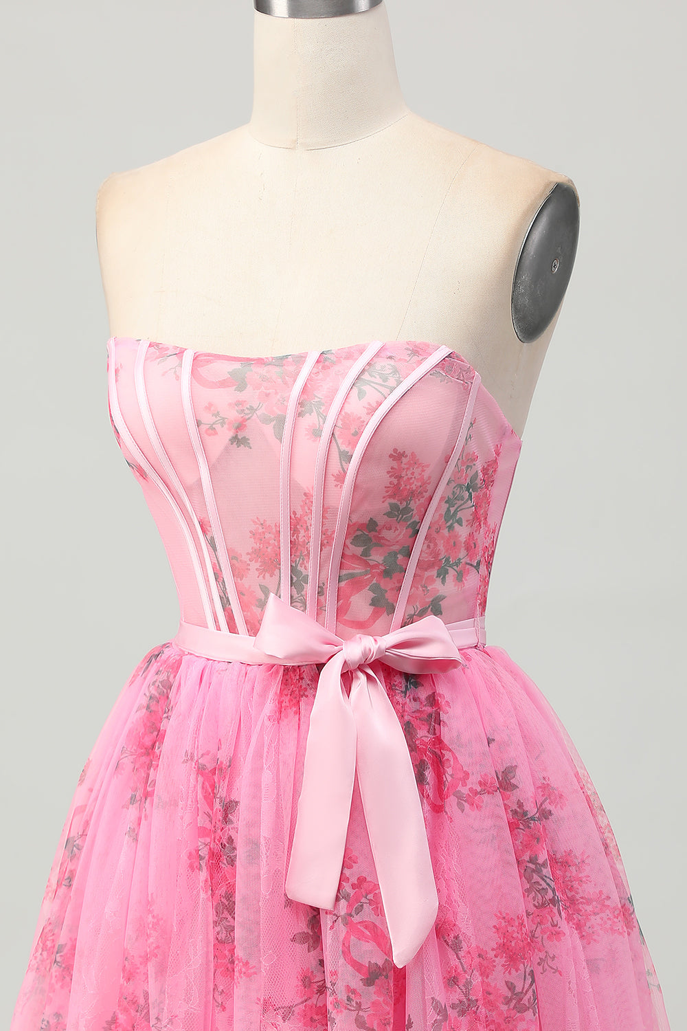 Pink Flower Strapless Corset Short Homecoming Dress with Bow