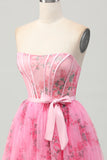 Pink Flower Strapless Corset Short Homecoming Dress with Bow