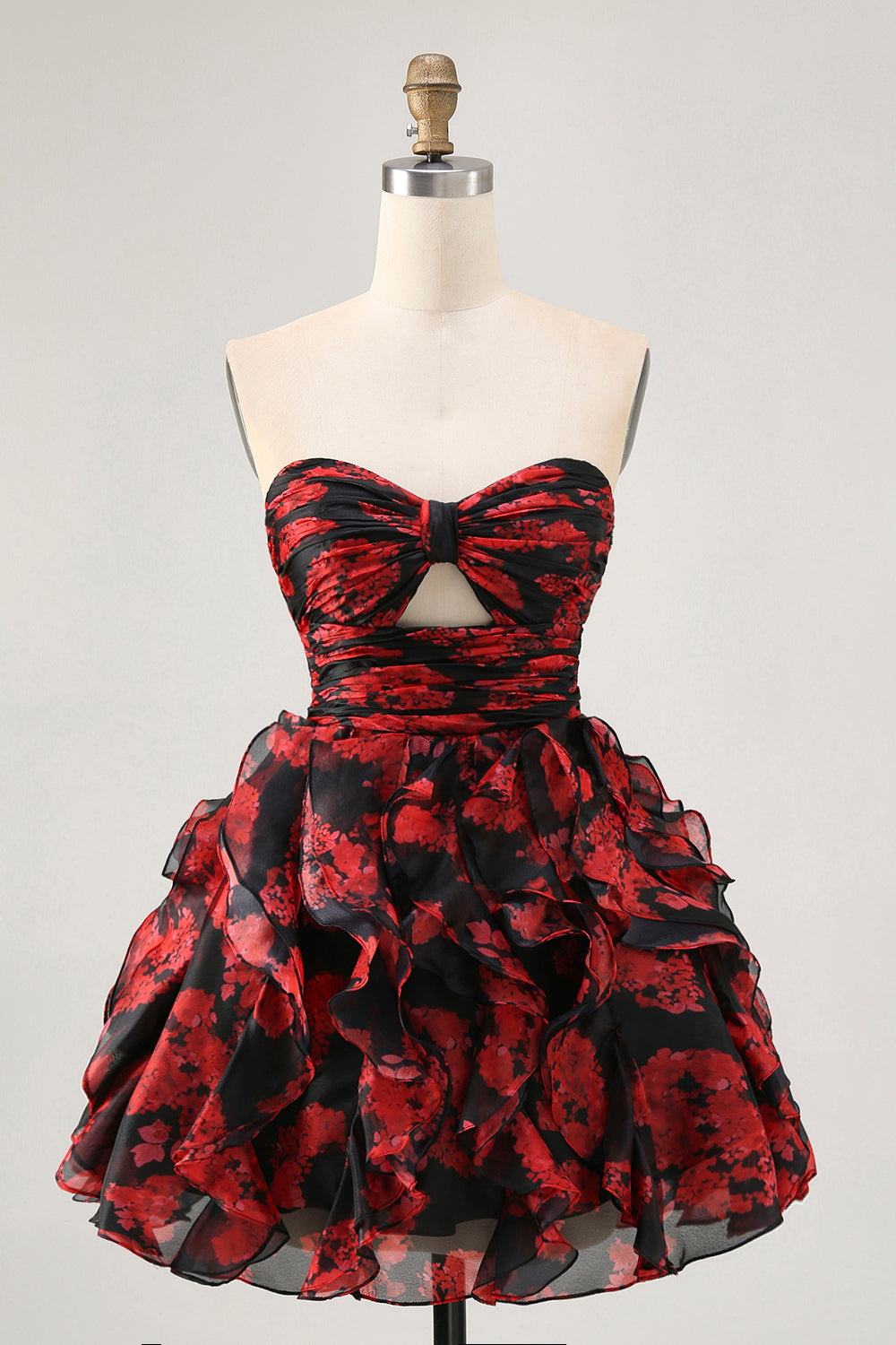 Black Red Strapless Ruffled Printed Cut Out Short Ball Dress