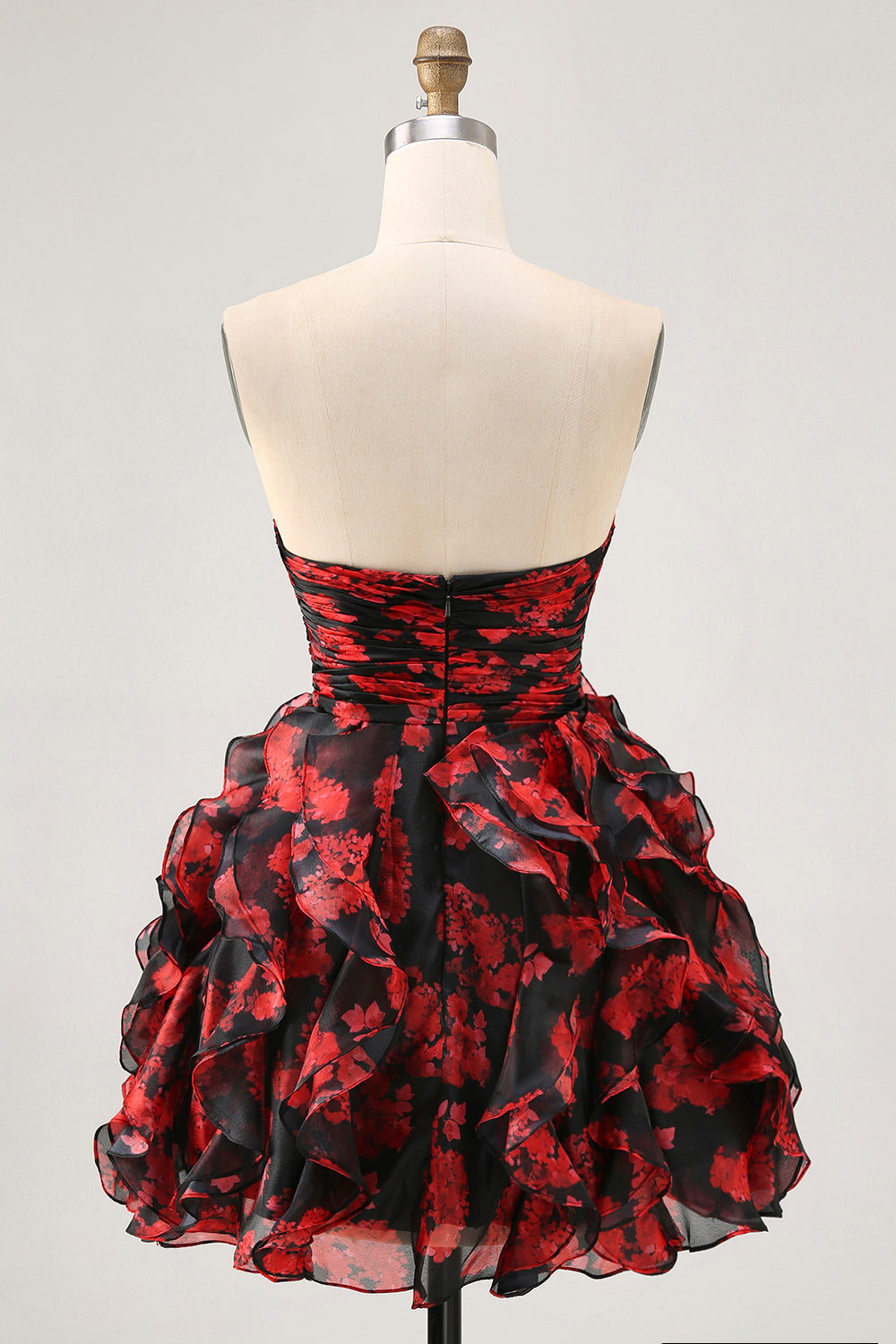 Black Red Strapless Ruffled Printed Cut Out Short Ball Dress