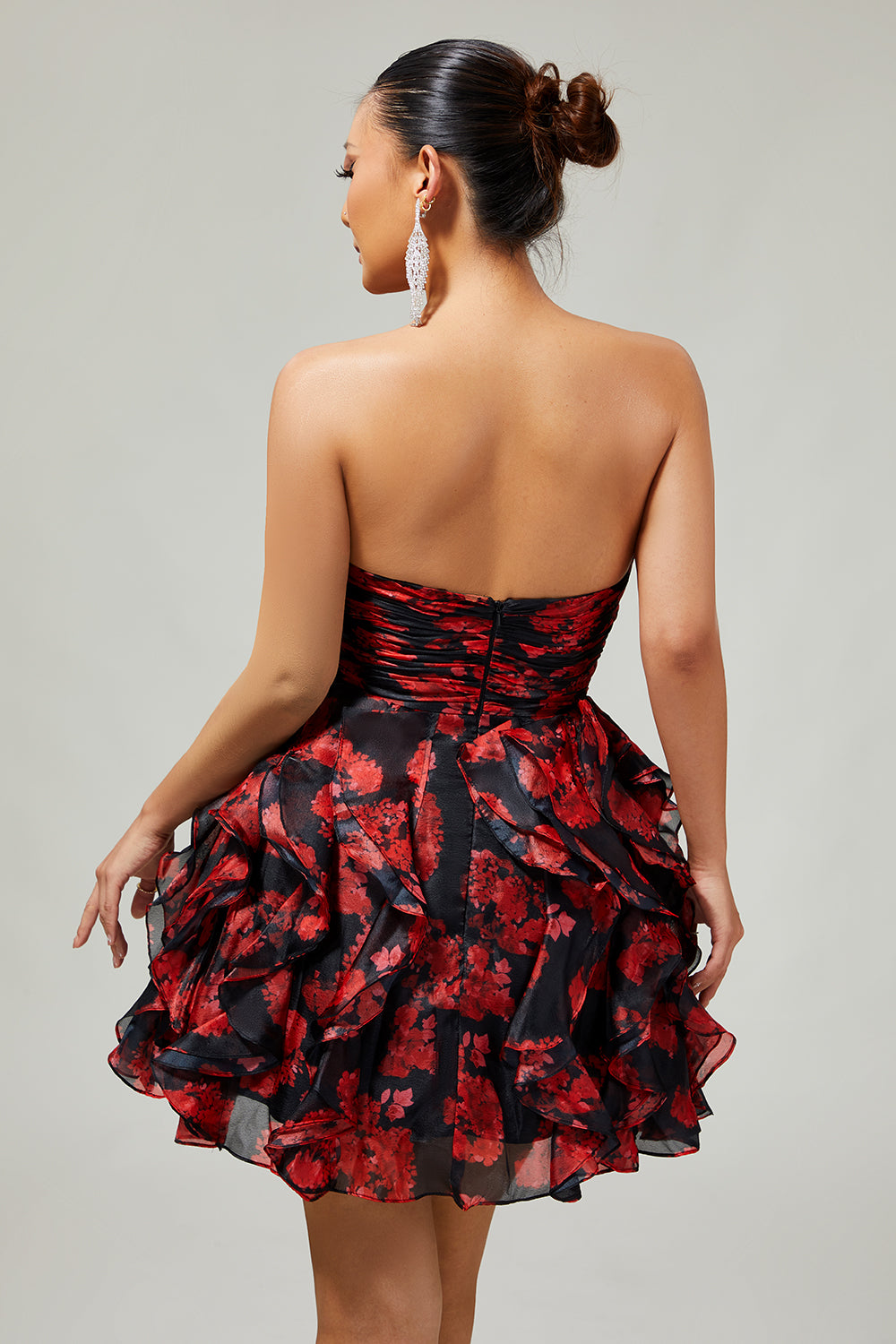 Black Red Strapless Ruffled Printed Cut Out Short Ball Dress