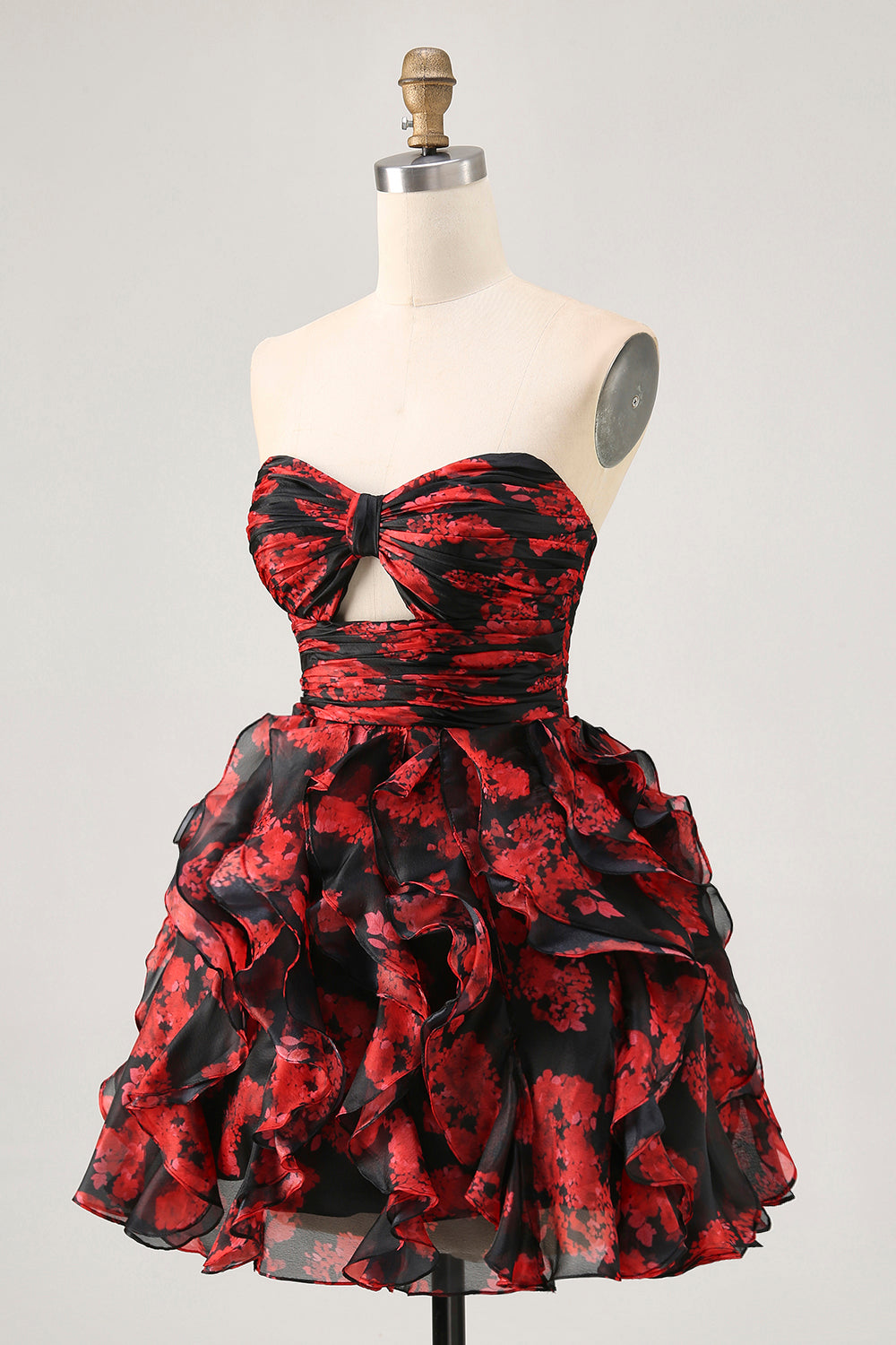 Black Red Strapless Ruffled Printed Cut Out Short Ball Dress