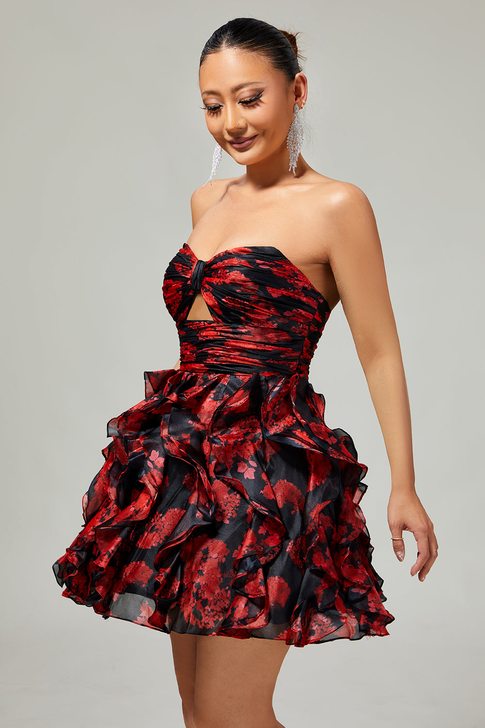 Black Red Strapless Ruffled Printed Cut Out Short Ball Dress