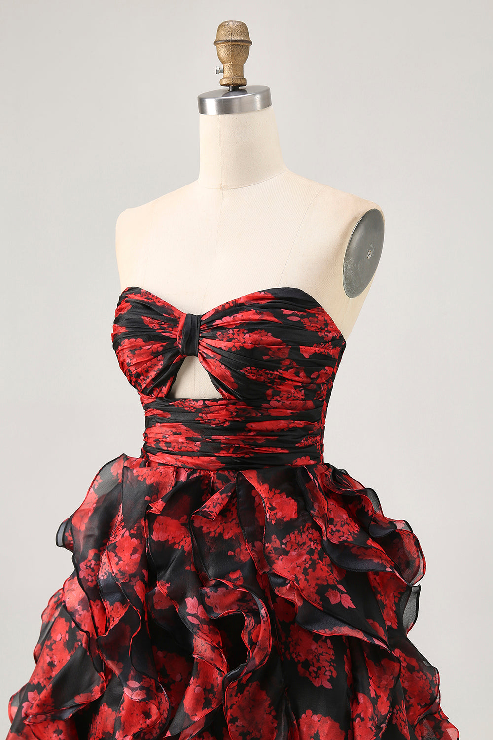 Black Red Strapless Ruffled Printed Cut Out Short Ball Dress