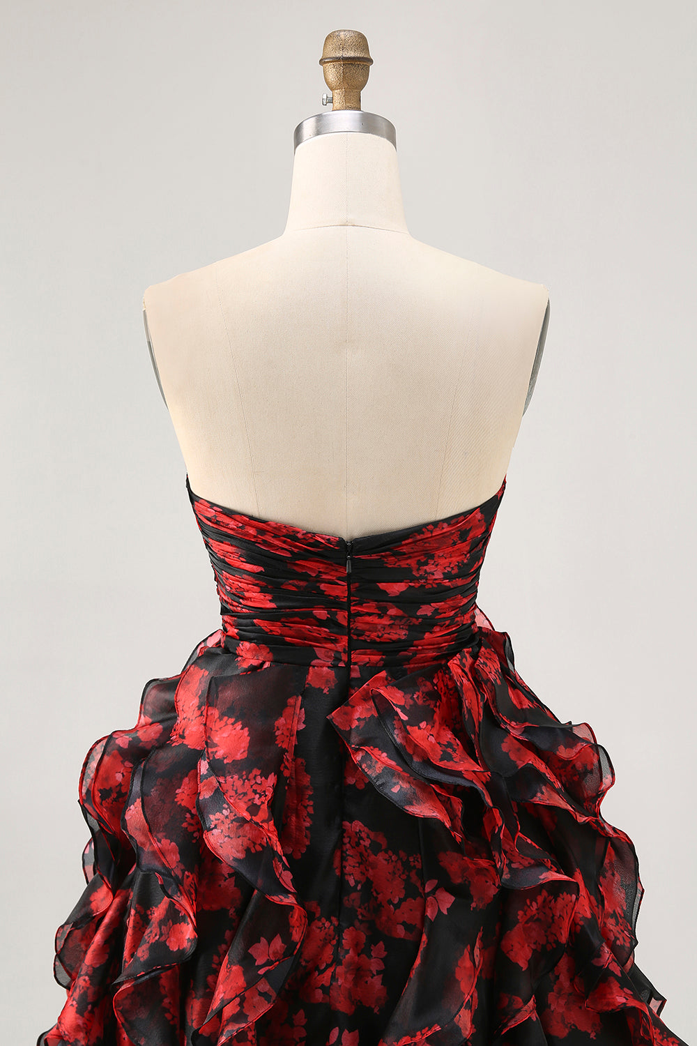 Black Red Strapless Ruffled Printed Cut Out Short Ball Dress