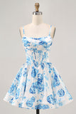 White Blue Flower Printed A Line Corset Short Ball Dress