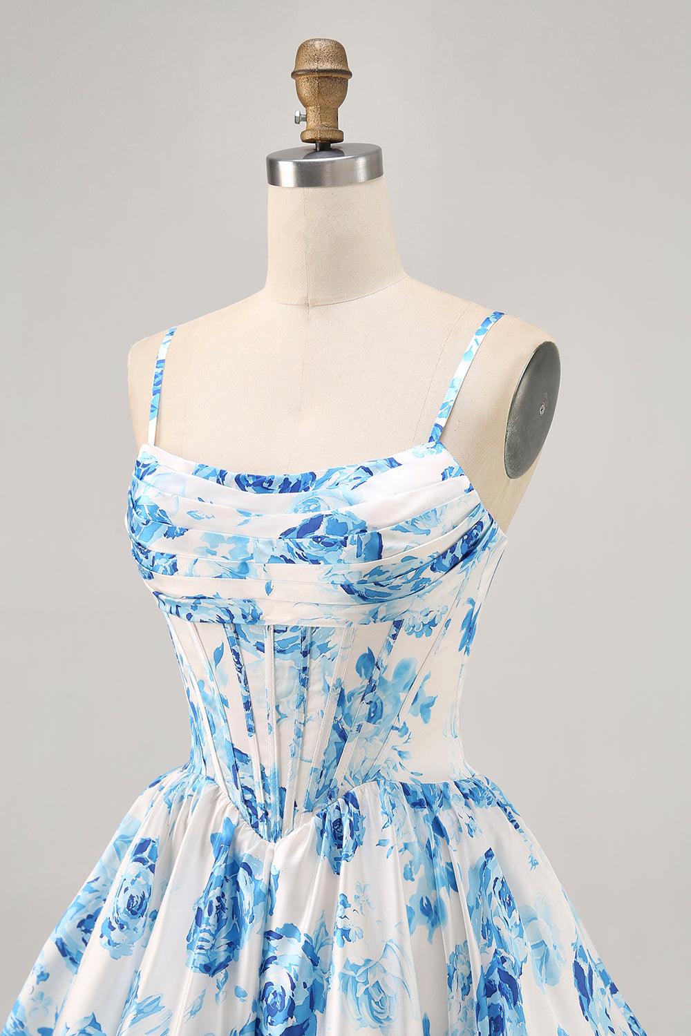 White Blue Flower Printed A Line Corset Short Ball Dress