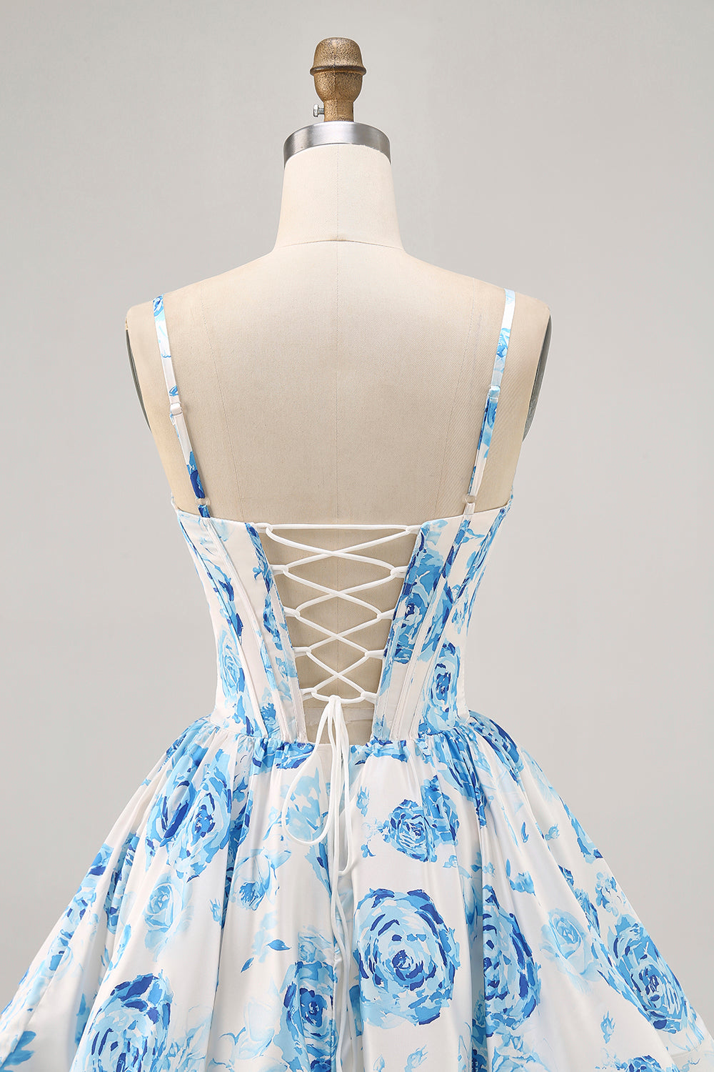 White Blue Flower Printed A Line Corset Short Ball Dress