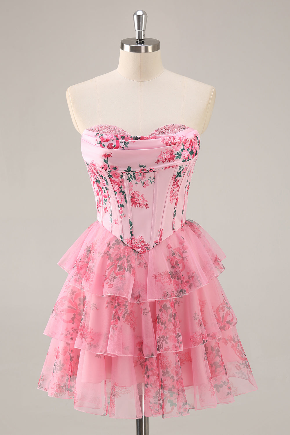 White Blue Flower A-Line Strapless Corset Tiered Short Cocktail Dress