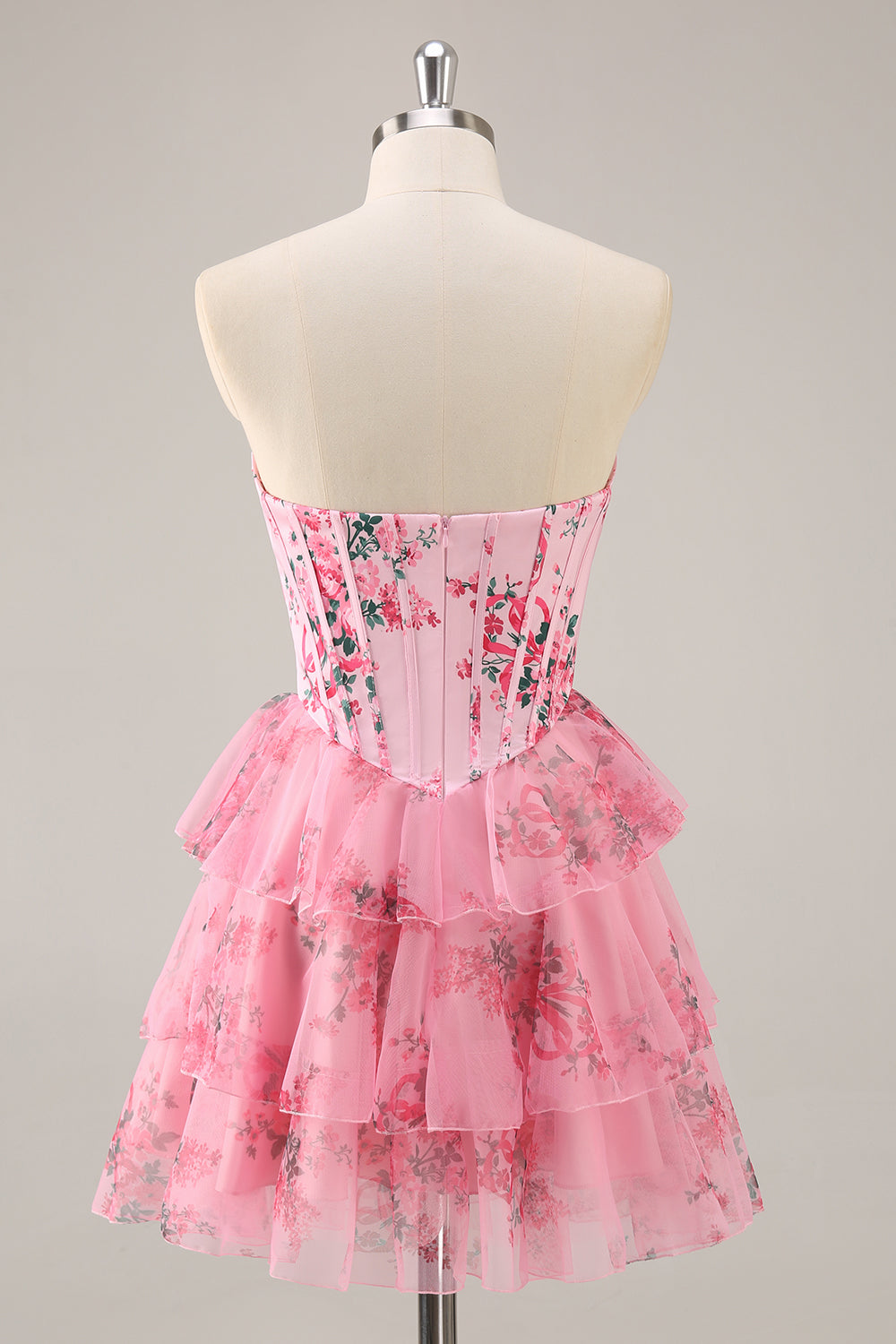 White Blue Flower A-Line Strapless Corset Tiered Short Cocktail Dress