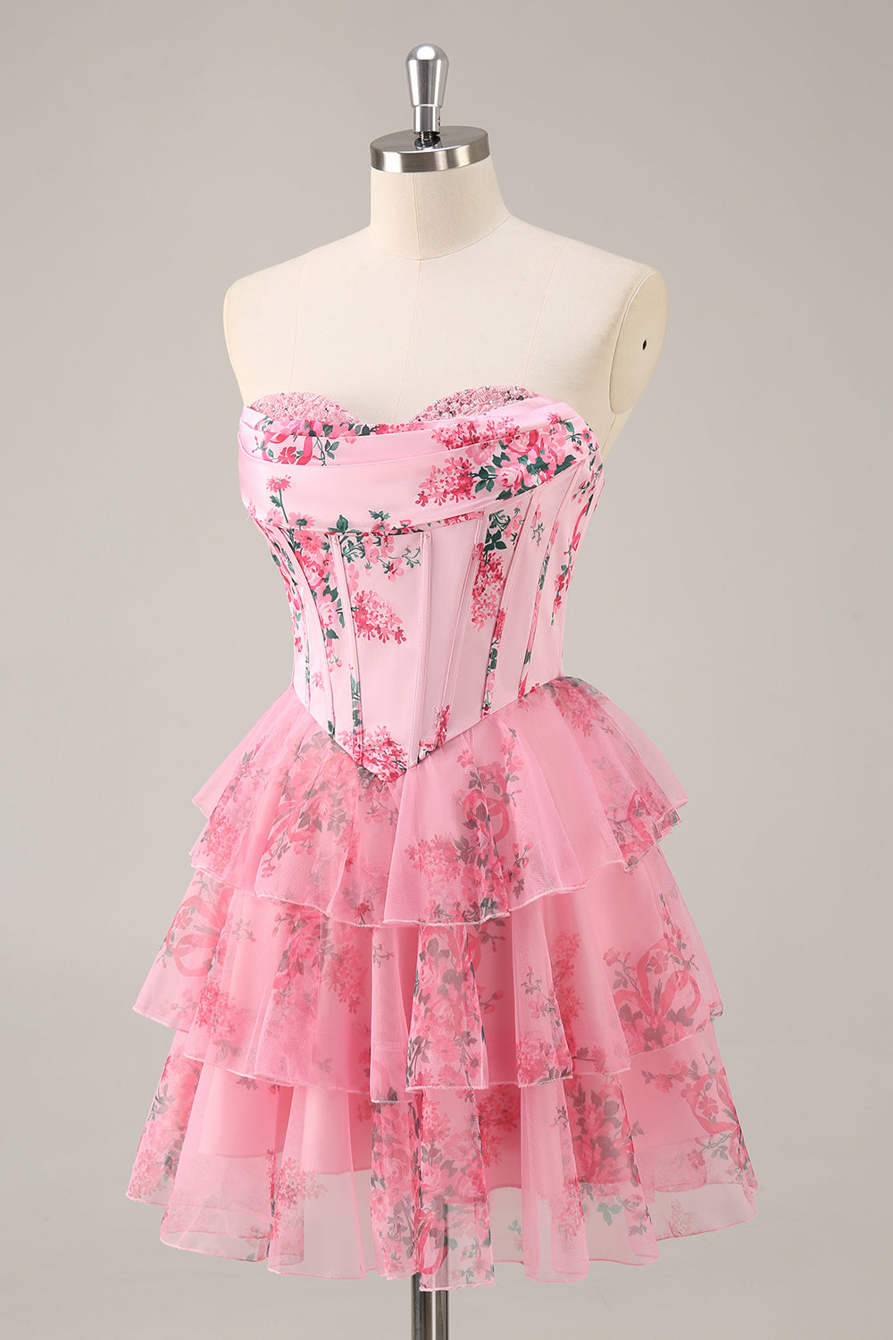 White Blue Flower Corset Tiered Short Homecoming Dress