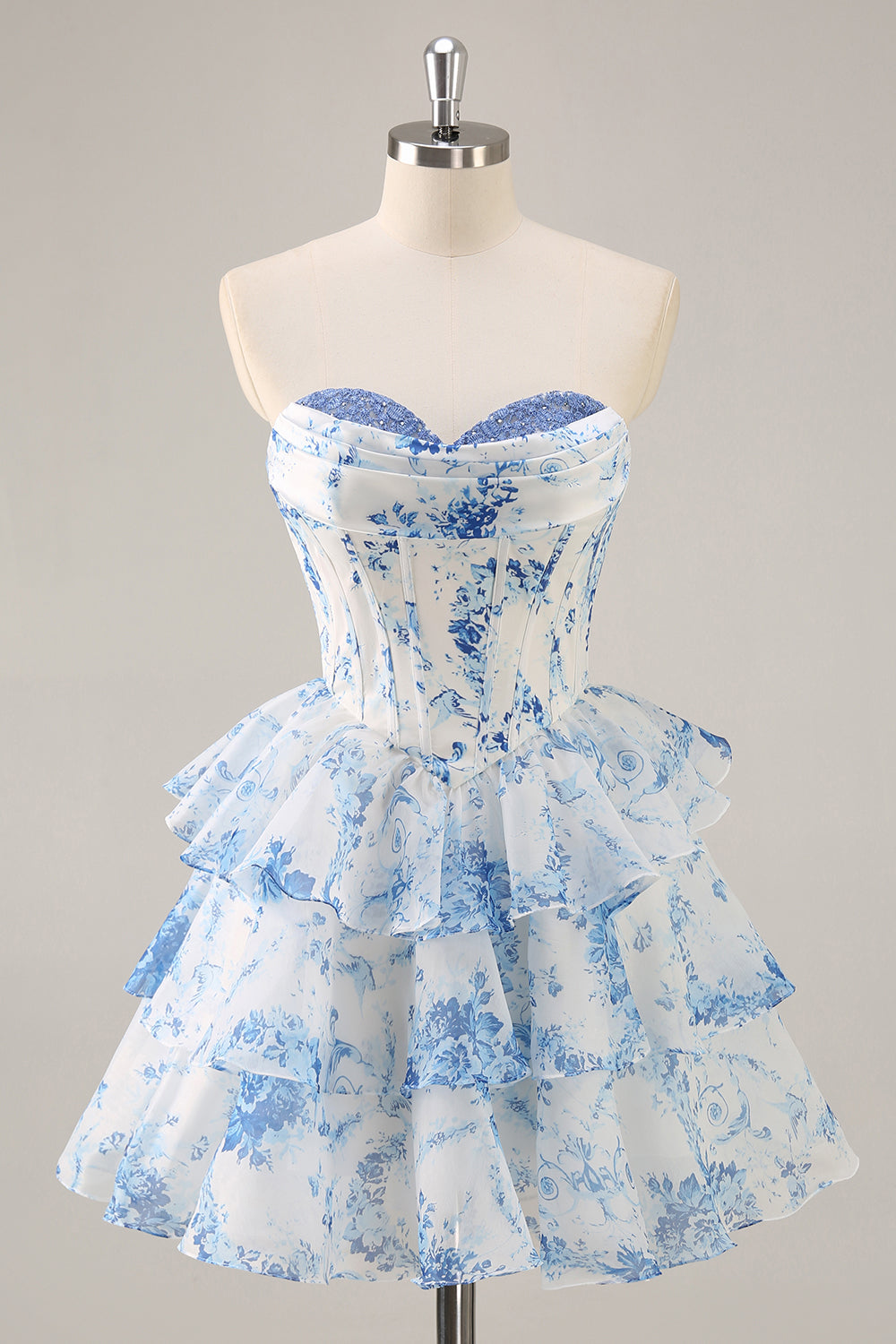 White Blue Flower A-Line Strapless Corset Tiered Short Cocktail Dress