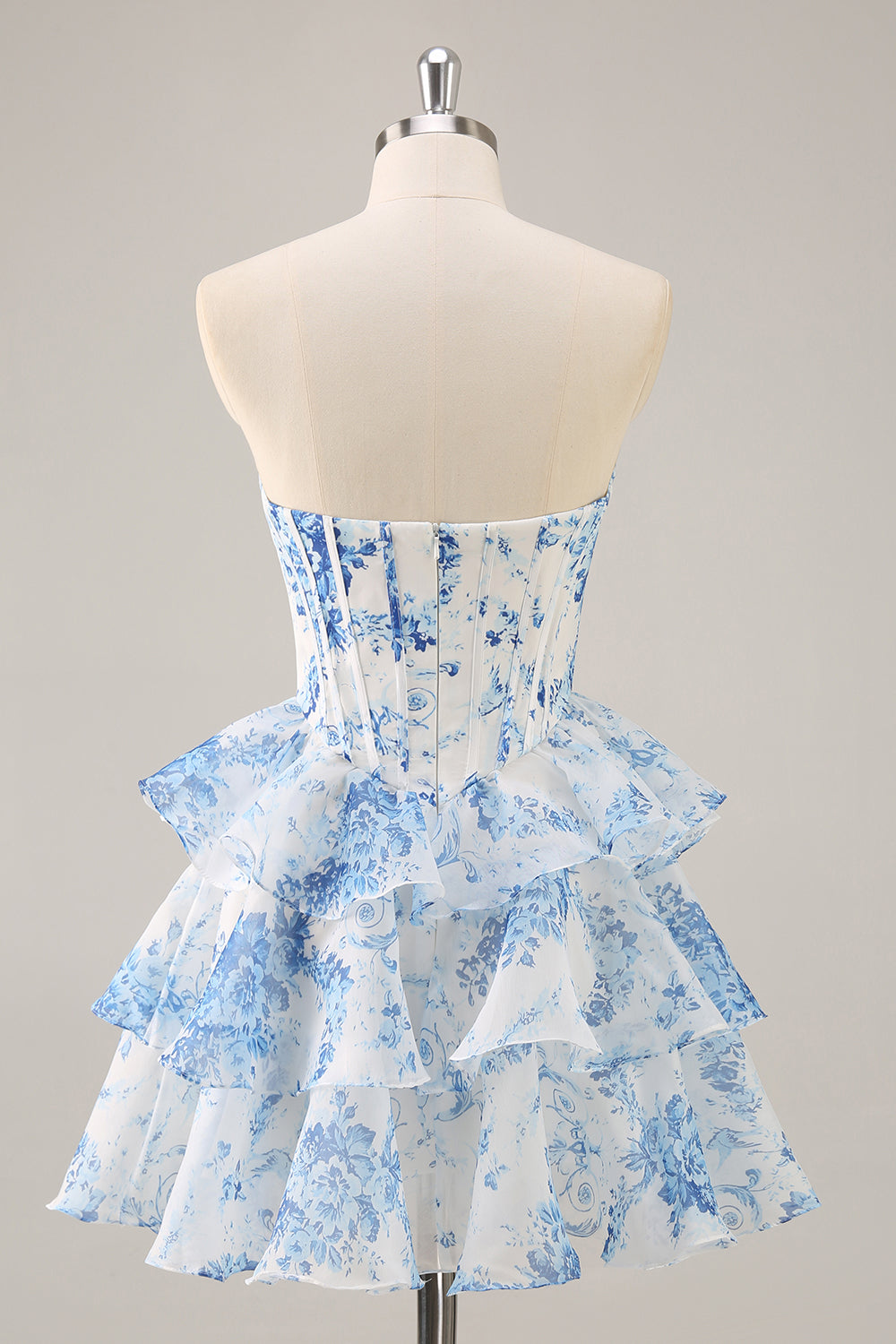 White Blue Flower A-Line Strapless Corset Tiered Short Cocktail Dress