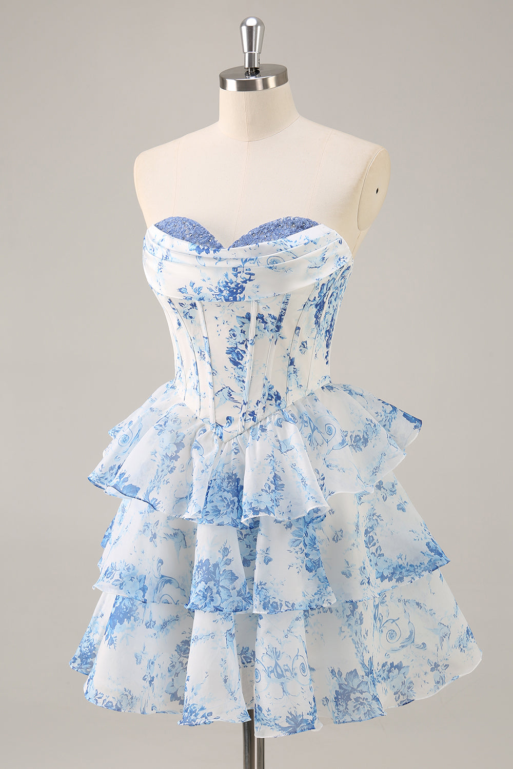 White Blue Flower Corset Tiered Short Homecoming Dress
