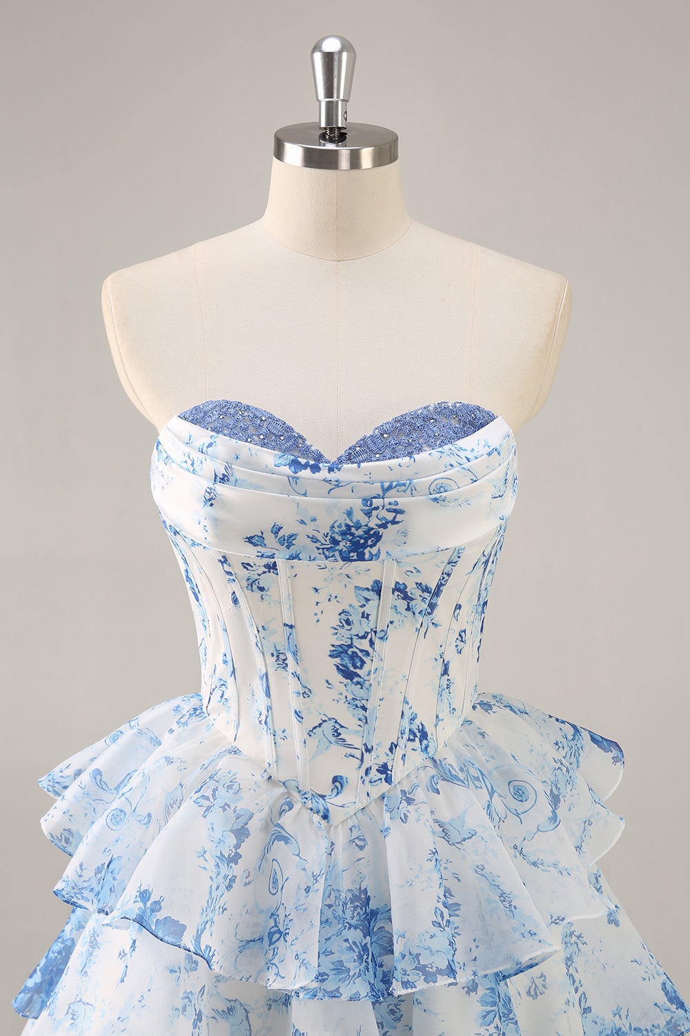 White Blue Flower Corset Tiered Short Homecoming Dress