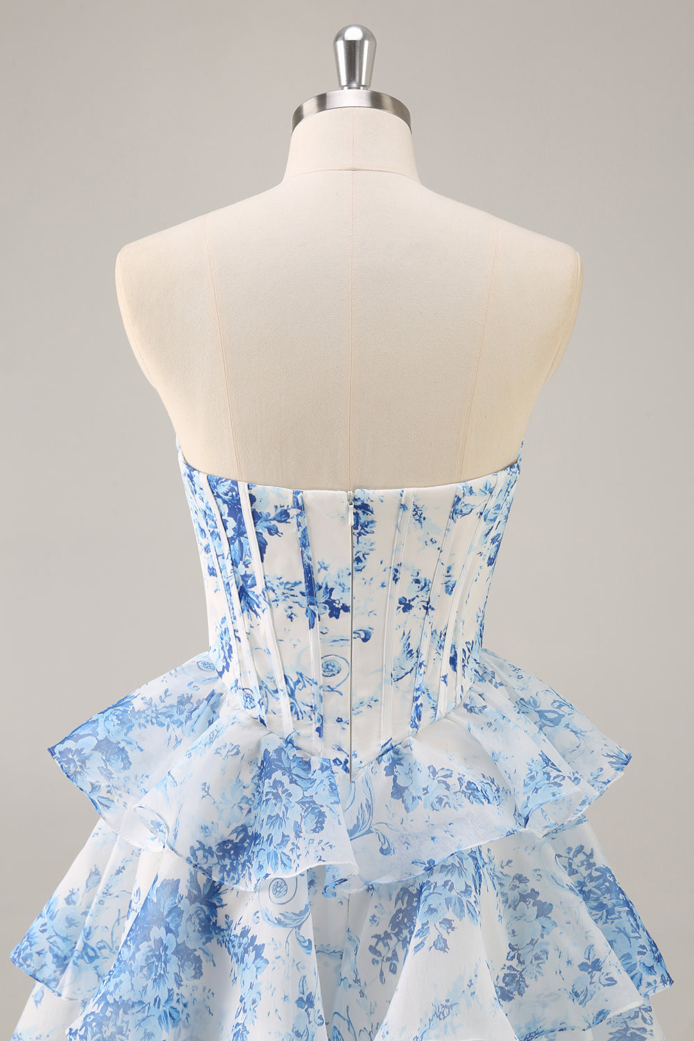 White Blue Flower Corset Tiered Short Homecoming Dress