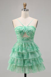 Green Floral Tiered Keyhole A Line Short Homecoming Dress