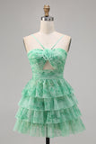 Green Floral Tiered Keyhole A Line Short Homecoming Dress