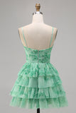 Green Floral Tiered Keyhole A Line Short Homecoming Dress