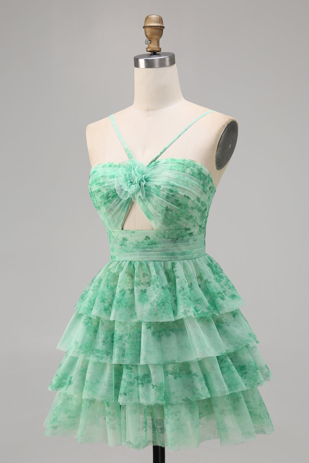 Green Floral Tiered Keyhole A Line Short Homecoming Dress