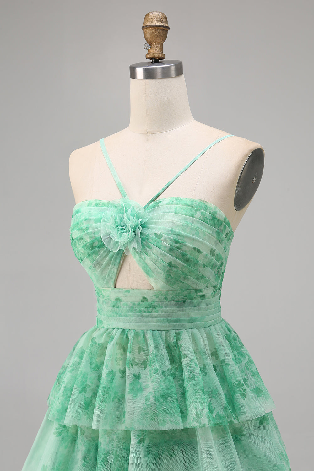 Green Floral Tiered Keyhole A Line Short Homecoming Dress