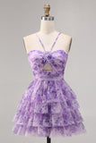 Purple A-line Spaghetti Straps Tiered Cut Out Floral Short Homecoming Dress