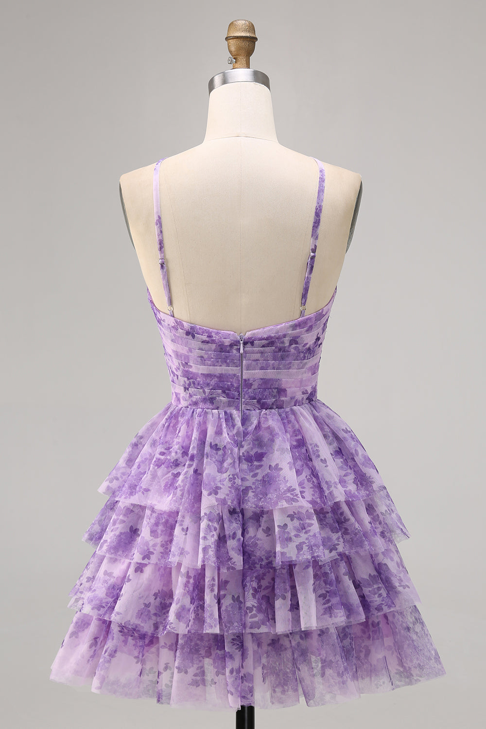 Purple A-line Spaghetti Straps Tiered Cut Out Floral Short Homecoming Dress