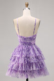 Purple A-line Spaghetti Straps Tiered Cut Out Floral Short Homecoming Dress