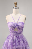 Purple A-line Spaghetti Straps Tiered Cut Out Floral Short Homecoming Dress
