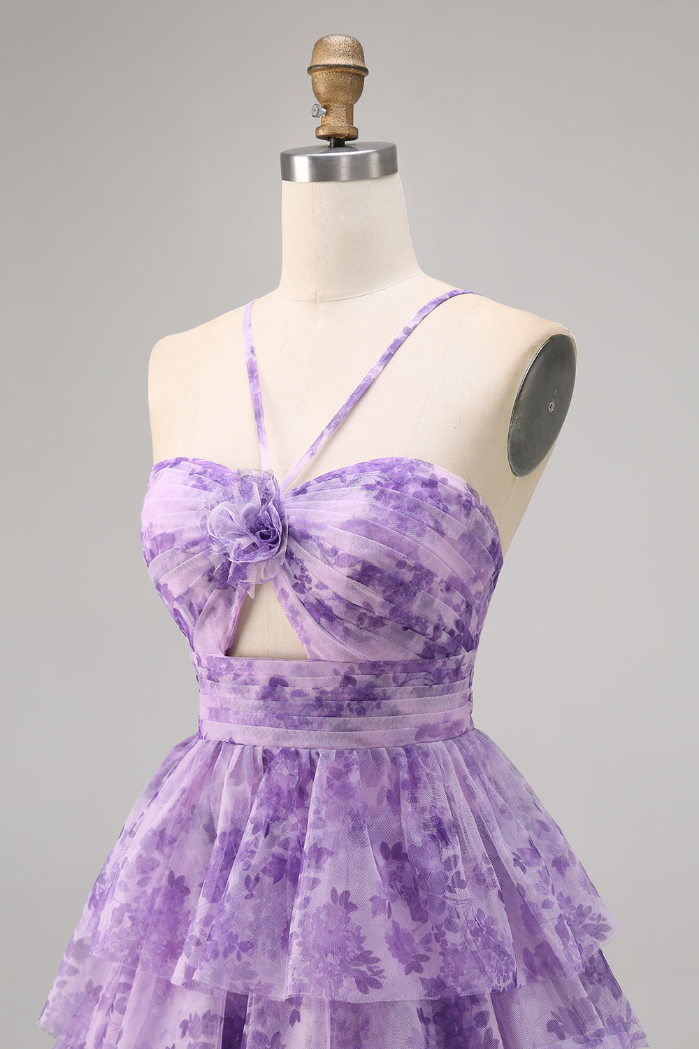Purple A-line Spaghetti Straps Tiered Cut Out Floral Short Homecoming Dress