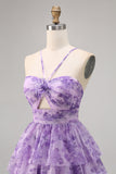 Purple A-line Spaghetti Straps Tiered Cut Out Floral Short Homecoming Dress
