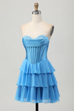 Blue Tiered Corset A Line Strapless Short Homecoming Dress