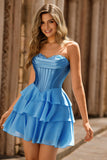 Blue Strapless Corset Tiered A-Line Short Ball Dress