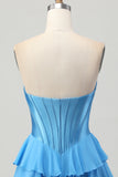 Blue Tiered Corset A Line Strapless Short Homecoming Dress