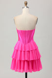 Fuchsia Strapless Corset Tiered A Line Short Homecoming Dress