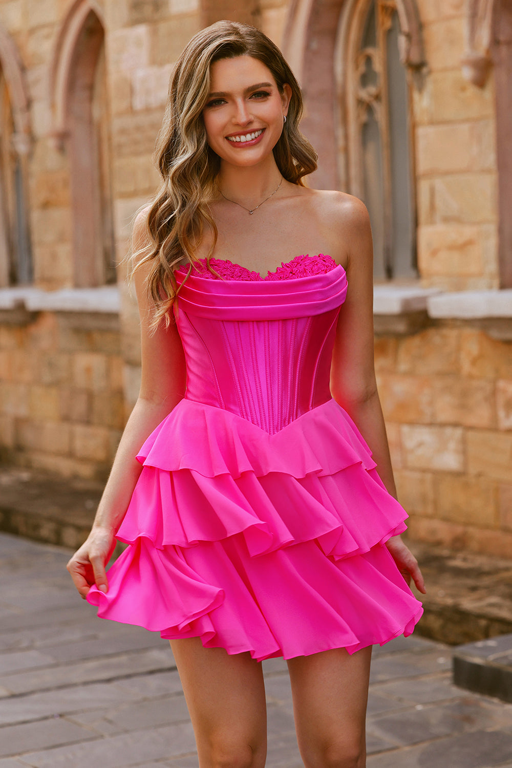 Strapless Fuchsia Corset Tiered A Line Short Cocktail Dress