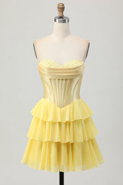 Yellow Strapless Corset A Line Tiered Homecoming Dress