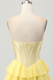 Yellow Strapless Corset A Line Tiered Homecoming Dress