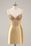 Golden Corset Bodycon Tight Beaded Short Homecoming Dress