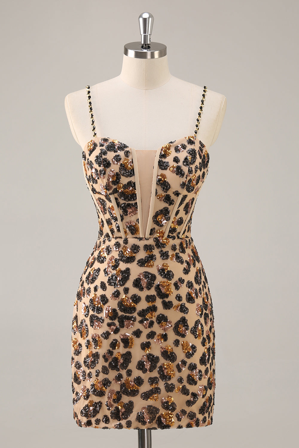 Kahki Leopard Corset Bodycon Short Cocktail Dress with Sequins
