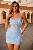 Blue Corset Sequins Floral Bodycon Short Ball Dress