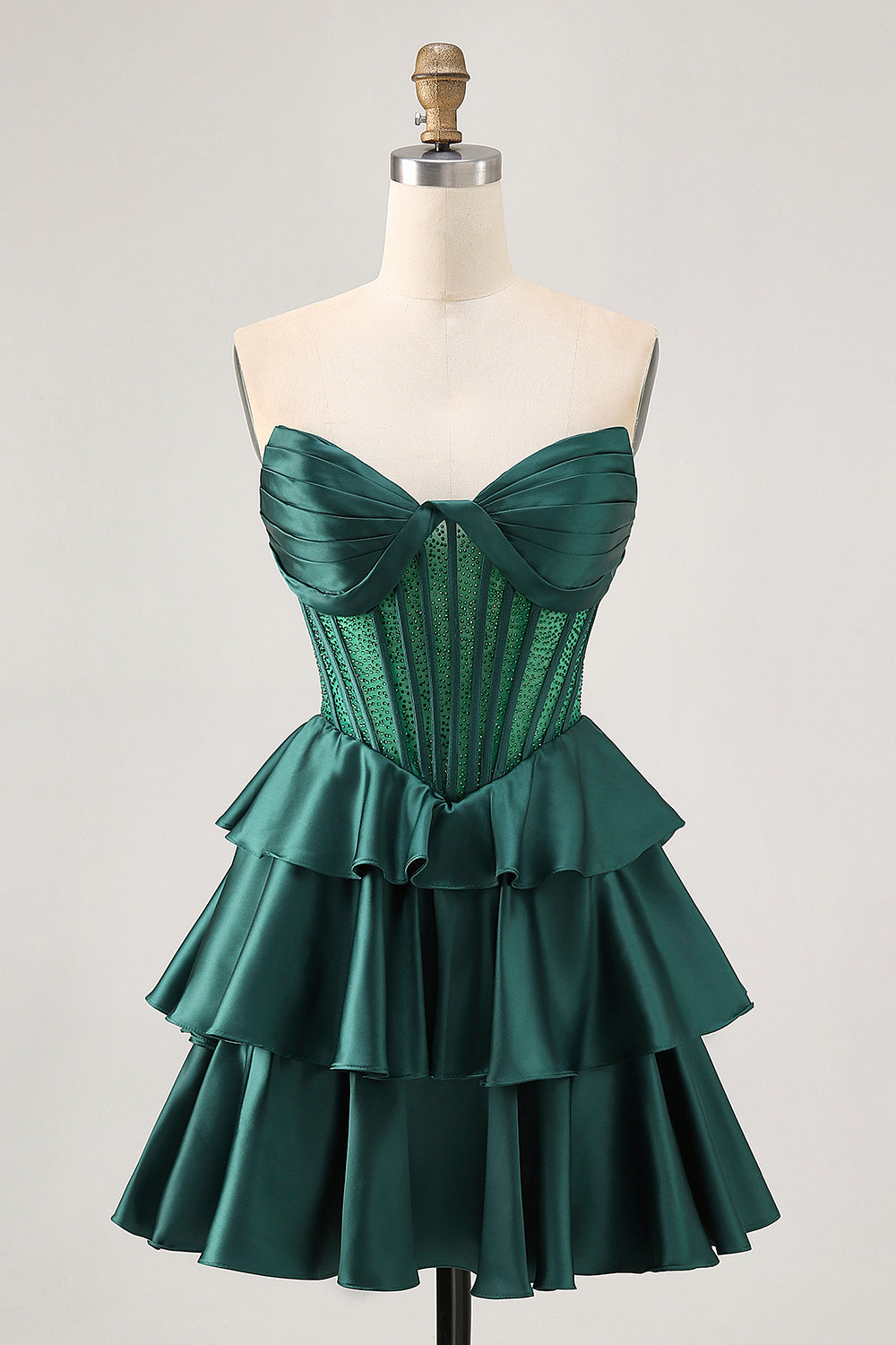 Dark Green Beaded A-line Strapless Corset Short Ball Dress