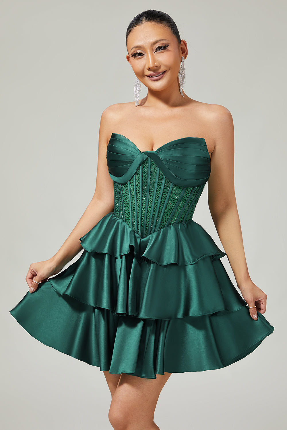Dark Green Beaded A-line Strapless Corset Short Ball Dress