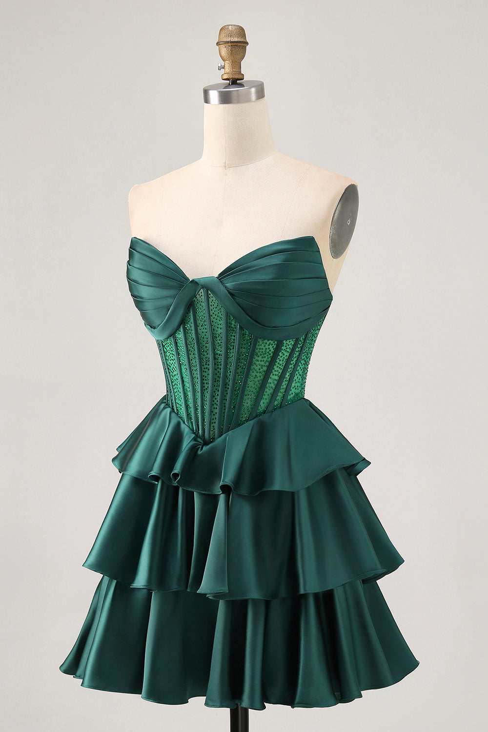 Dark Green Beaded A-line Strapless Corset Short Ball Dress