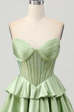Dark Green Beaded A-line Strapless Corset Short Ball Dress